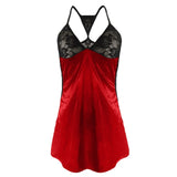 Womens Sexy V-neck Night Mini Dress Summer Fashion Lingerie Slip Sheer Lace Solid Patchwork Sling Sexy Backside Nightdress