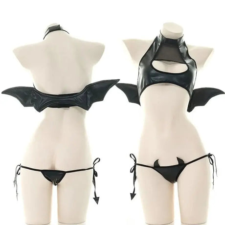 Sexy Patent Leather Little Devil Wings Lingerie SM Open Chest Bra Costume Anime Irina Shidou Black Bodysuit Stocking Tight