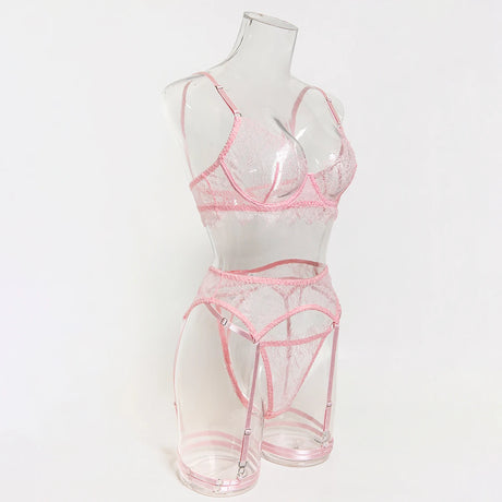 Women's Pink Floral Lace Sheer Lingerie Set See-Through Push-Up Bra Waist Cincher with Garter Belt Thong Intimate Erotic Outfits