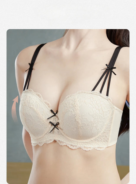 Half Cup Hot Bra Gathered Bowknot Brassiere Thin Large Size Push Up Lace Tube Top Lace Big Chest Revealing Small Lace Bra 9013A