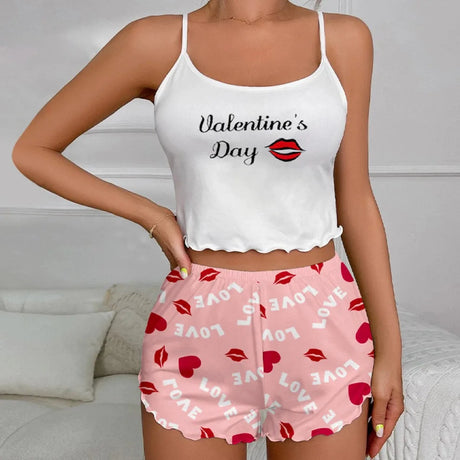 Summer Women's Milk Silk Printed Crown & Flamingo Shorts  Tank Top Two-Piece Set Casual Loungewear Homewear Sleepwear