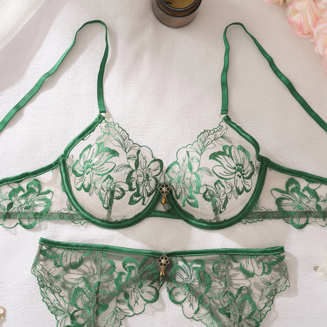 Ellolace Elegant Sexy Female Lingerie Willowy Honey 3PC Diamond Accessories Women's Ethical Underwear Floral See Through Clothin