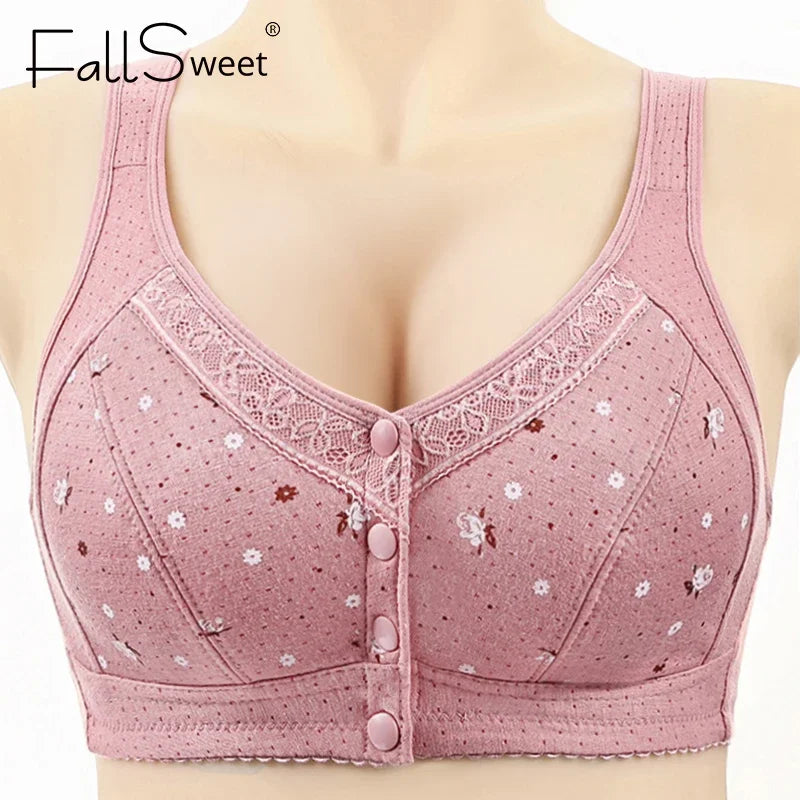 FallSweet Front Closure Cotton Bra for Women Plus Size Seamless Wireless Sports Bras Thin Underwear for Middle-Aged & Elderly