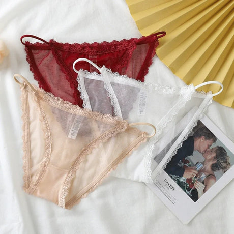 Women's underwear sexy seamless lace hollow out gauze ribbon middle waist female panties ladies breathable comfortable lingerie