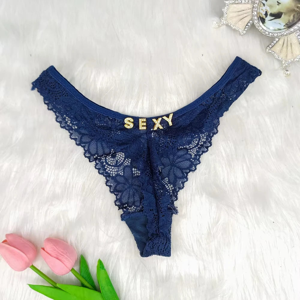 Sexy Custom Thong Name Lace String Customized Women Name Thong Crystal Letters Underwear Personalized Gift for couple