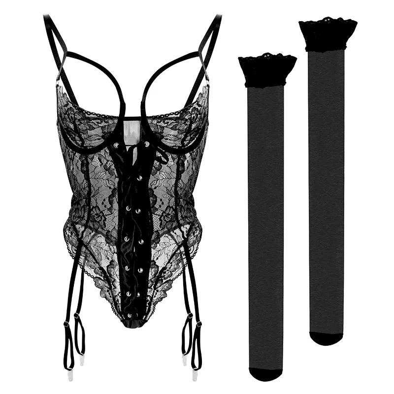 European and American Sexy See-through Dress Mesh Lace Garter Side One-Piece Underwear Women's Sexy Tight Jumpsuit Two-Piece Set