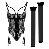European and American Sexy See-through Dress Mesh Lace Garter Side One-Piece Underwear Women's Sexy Tight Jumpsuit Two-Piece Set