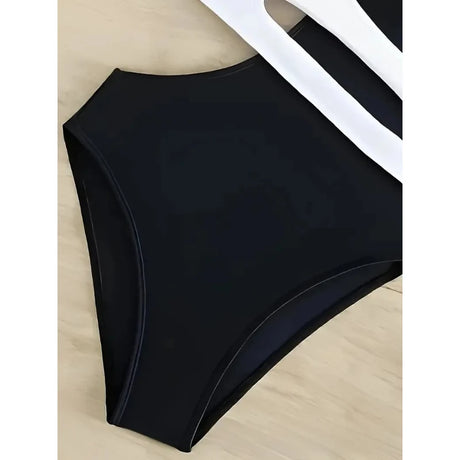 Sexy Swimwear Women Color Block Hollow Out Design One Shoulder Bikini Bodysuit Summer Beach Vacation High Cut One Piece Swimsuit