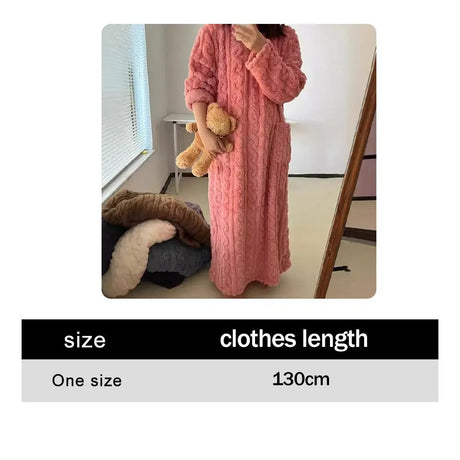 Winter Long Sleeve Double Pocket Flannel Nightgowns Women Loose Solid Sleepwear Jacquard Night Dress Thickened Warm Nightdress
