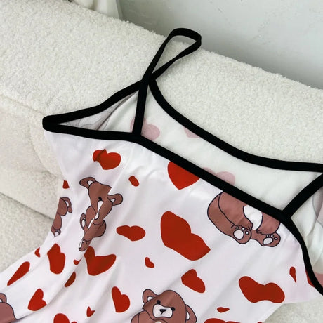 Summer Women Satin Sleepdress Cute Teddy Bear Butterfly Heart Floral Pinting Sleepwear Ladies Sexy Sling Ruffled Hem Loungewear