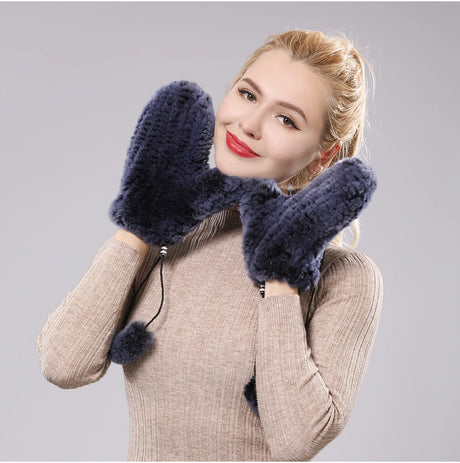 Hot Sale Women's 100% Natural Rabbit Fur Winter Gloves Warm Knit Thick Thermal Mittens Soft Real Fur Outdoor Cold Weather Glove
