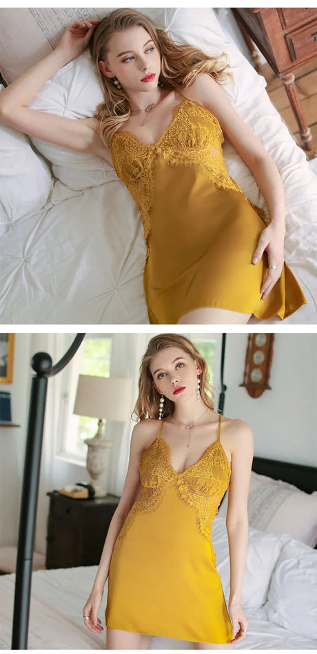 Women's Satin Lace Slip Nightdress V-Neck Spaghetti Strap Backless Chemise Sleepwear ElegantLingerie Dress for Bedroom Nightwear
