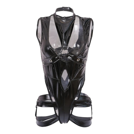 Women’S Wet Look Lingerie Leather Bodysuit Bandage Hollow Out Pu High Cut Leotard Bodysuit Clubwear Exotic Lingerie For Women