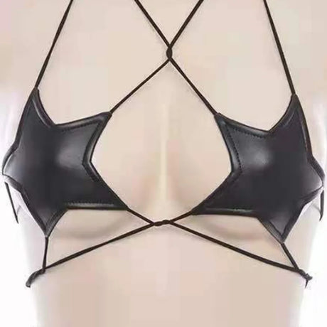 Sexy Women Leather Star Shape Strappy Bra Bustier Crop Top Bralette Hanging Neck Bandage Bra Reflective Silver Nightclub Vest
