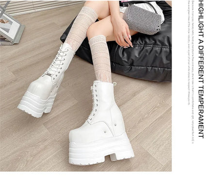 Height Increasing Women's High Boots Black Leather Thick Bottom Platform Shoes Side Zip Gothic Punk Short Boots Street Style