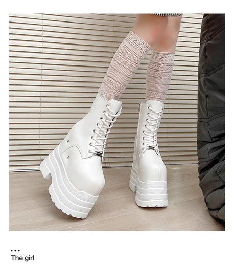 Height Increasing Women's High Boots Black Leather Thick Bottom Platform Shoes Side Zip Gothic Punk Short Boots Street Style
