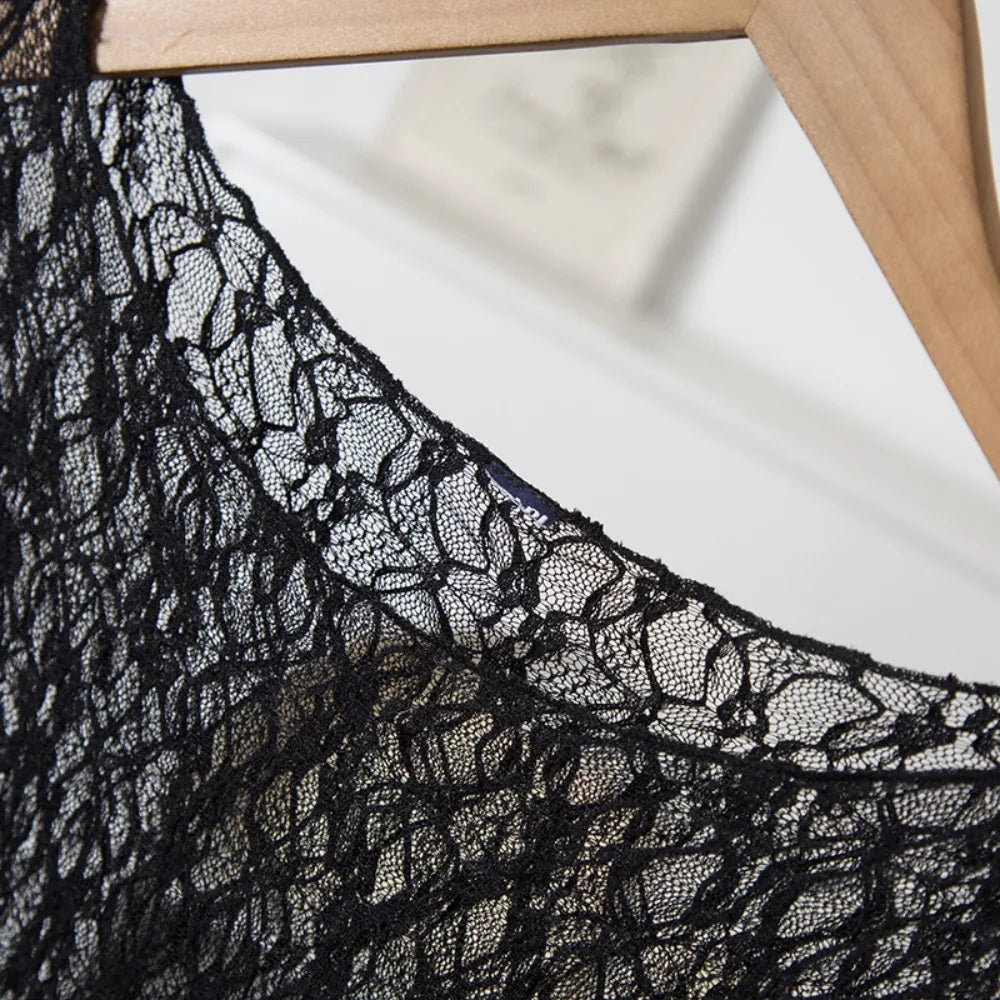 Women's Black Lace Bodysuit Y2k Long Sleeve Sheer Tops Fashion Slim Hollow Out See Through Mesh Blouses Sexy Lingerie Bodysuits