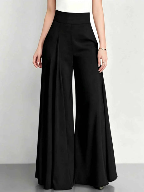 Elegant Women High Rise Pleated Palazzo Pants Solid Multi Color Loose Fit Flare Long Trousers Business Office Work Wear Wide Leg
