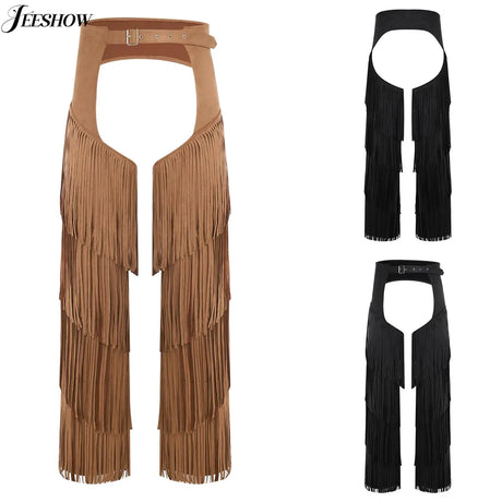 Mens Western Cowboy Chaps Fuax Suede Tassel Hollow Out Open Crotch Long Pants Adjustable Buckles Waist Motorcycle Biker Trousers