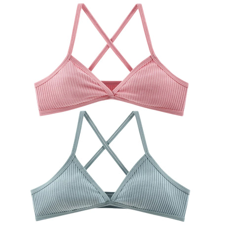 2Pcs/Set Ribbed Cross Back Triangle Bralette Set Women Spaghetti Strap Breathable Daily Bra Wireless Casual Daily Lingerie S-L