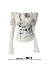 Luxury Fur Graphic Long Sleeve T Shirt Y2k Women Autumn Winter Off Shoulder Tops 2000s Vintage Basic Blouse Tees White Shirt