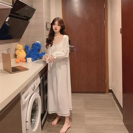 Long Sleeve Princess Style Nightdress Women's Pajamas Lace Palace Korean Version Loose Plus Size 2024 New Homewear Birthday Gift