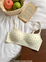 Plunge Neck Floral Demi Cup Bra Small Bust Wirefree Push Up Seamless Invisible Thin Cute Teen Girls Daily Wear Underwear
