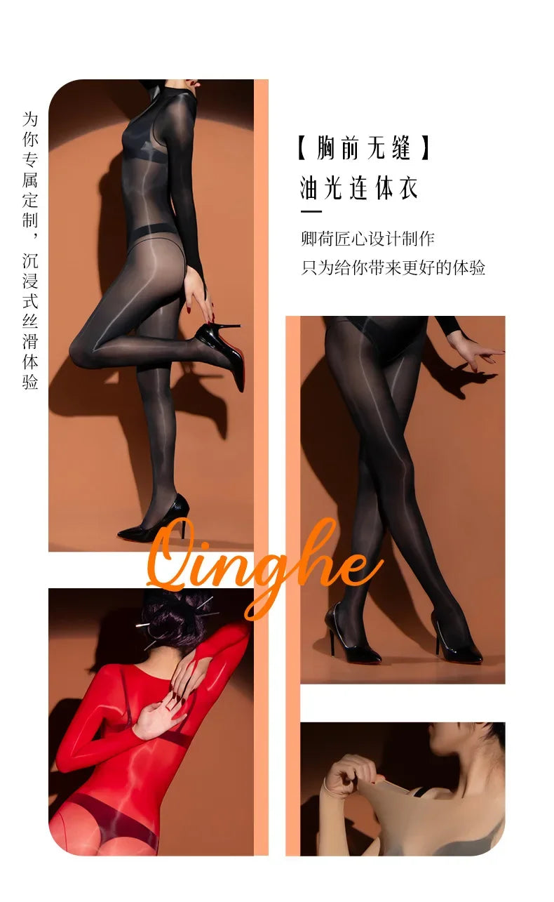 Oil Shiny Bodysuits Five Fingers Women Men Unisex Sexy Lingerie Transparent Seamless Bodysuit Thin Exotic Teddies Tight Stocking