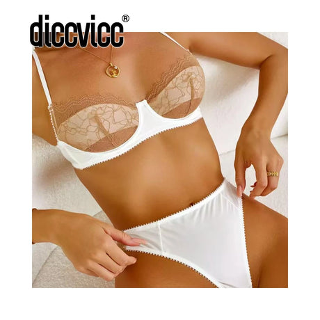 Diccvicc Lingerie Sexy Two Pieces Contrast Color Patchwork Sheer Lace Bra Satin Panty Set Daring Underwear Exotic Intimate Wear