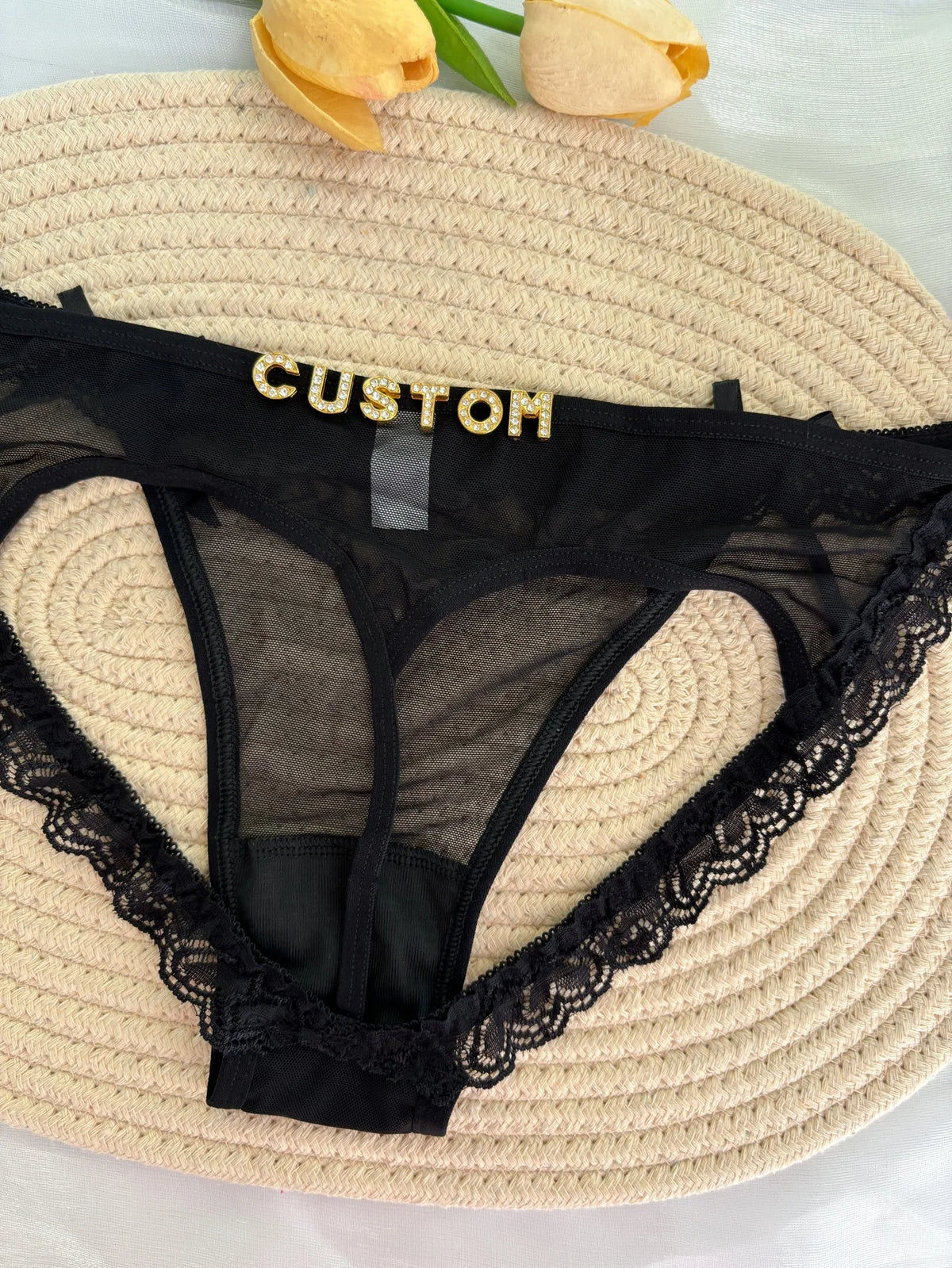 Custom Rhinestone Letter Name Underpants Sexy Mesh Panties Low Rise Hollow Hip Briefs Personalized Gift Wife Lover Anniversary