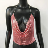 Sexy Metal Sequins Tank Top For Women 2025 Summer V Neck Backless Crop Tops Luxury Solid Short Party Nightclub Tank Tops