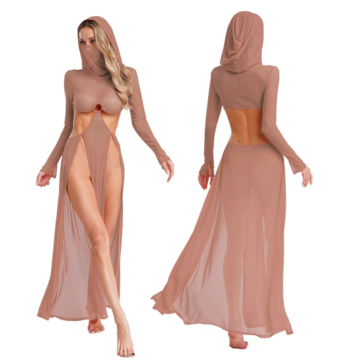 Women Wet Look Mesh Maxi Dress with Hooded Cosplay Sexy High Slit Lingerie Face Mask Long Sleeves Hollow Out Sheer Nightdress