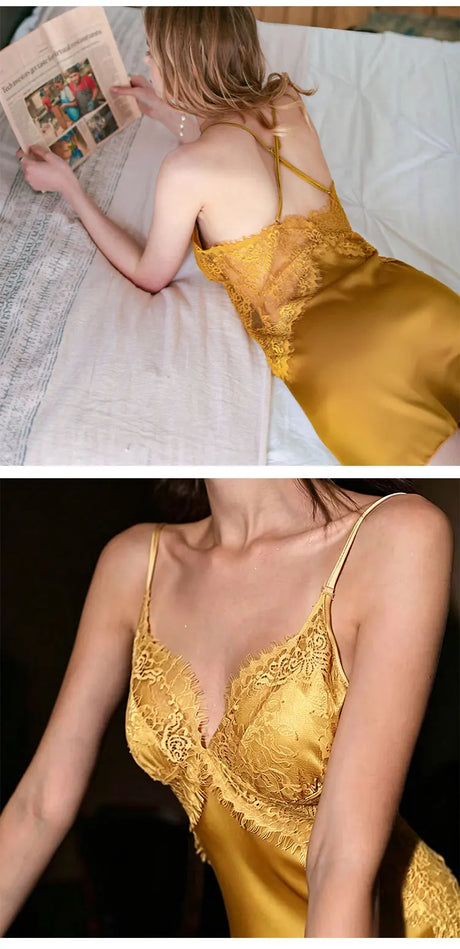 Women's Satin Lace Slip Nightdress V-Neck Spaghetti Strap Backless Chemise Sleepwear ElegantLingerie Dress for Bedroom Nightwear