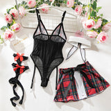 Toucheart Halloween Maid Costume Cosplay Red Plaid Uniform with Net Sock Slim Skirt Interesting Seductive Romantic Underwear Set