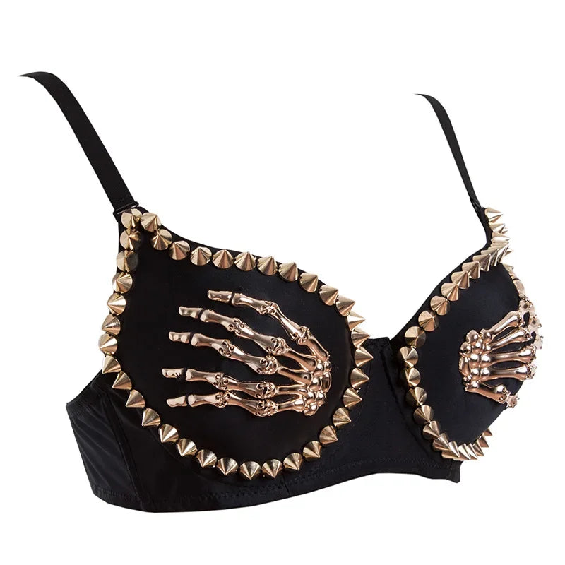 Gothic Punk Bra Gold Rivet Skeleton Hands Fashion Push Up Bras for Women Sexy Corset Top Party Club Dance Wear
