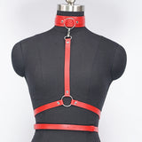 Red Leather Choker Necklace & Body Harness Set - Adjustable Straps, Punk Gothic Style, Waist Belt Jewelry Accessory for Women