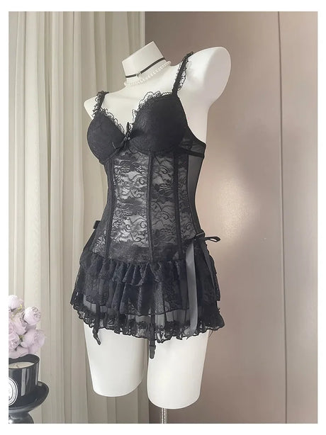 French Sexy Lace Nightdress Summer Women's Corset Gather Suspenders Pajamas with Chest Pads See Through Mesh Lace Loungewear