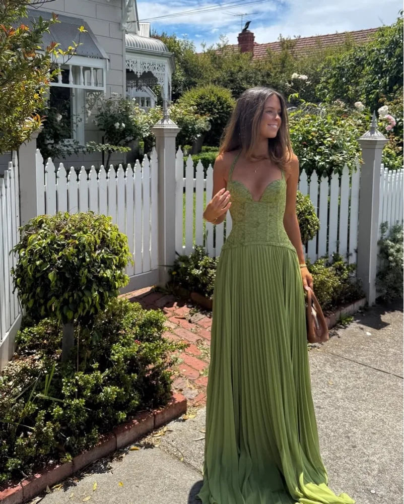 Elegant Women's Halter Long Dress Corset Pleated Dresses Evening Party Formal Wedding Guest Green Graduation Bridesmaid Gown New
