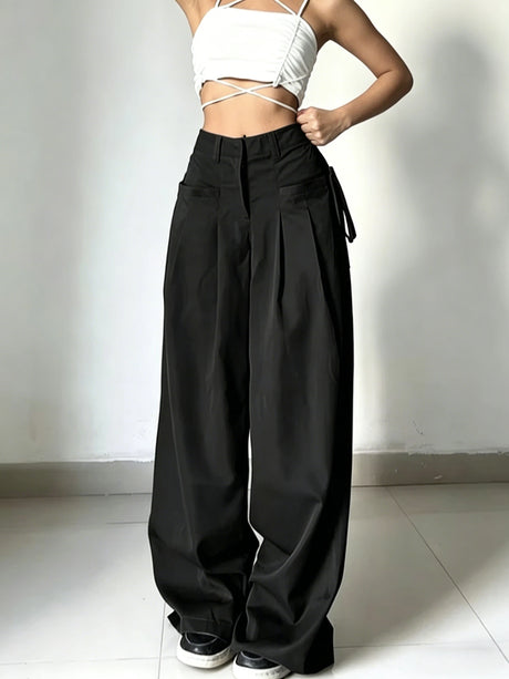 Women Wide Leg Cargo Pants High Waist Streetwear Trousers 2026 Spring Autumn Solid Black Loose Pleated Casual Pants S-XXL Size