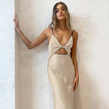 Black Satin Knot Hollow-out Straps Long Dress French Style Sexy Sleeveless Slit Women Summer Dress Lady Evening Party Gowns