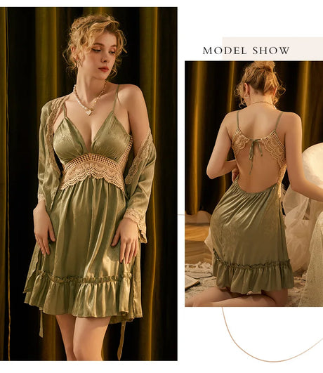 Women Sexy Lace Up Bathrobe Gown Set Backless Nightdress Satin Sleepwear Chemise Sleepwear Lingerie Satin Silk Nightgown Kimono
