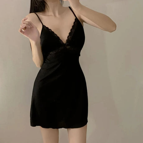 Womens Ribbed Knit Cami Dress Lace Trim V Neck Spaghetti Strap Mini Slip Nightgown Loungewear Casual Y2K Summer Sleep Dress Soft
