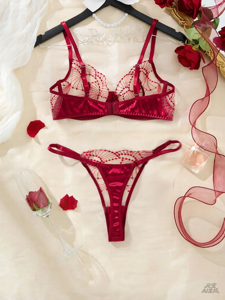 Women Red Embroidery Lingerie Set Sheer Mesh Underwire Bra And Thong Satin Trim Intimate Underwear ZA825287