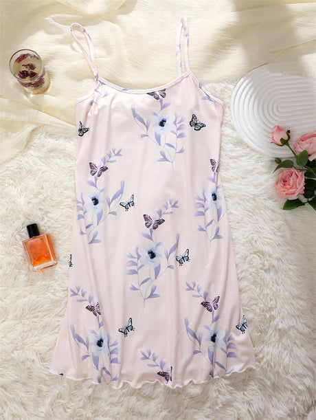 New Women's Silk Satin Print Nightwear Home Clothes Sexy Sleeveless Ruffled Hem Sleep Dress Female Comfortable Nightgown Clothes