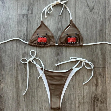 Y2K Cartoon Monster Bikini Halter Triangle Cup Tie Side Two Piece Beach Swimsuit