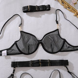 2026 Fashion Heavy Crafted Metal Decorative Lingerie Set with Buckle Women Mesh Transparent Bra Lady Sexy Body Shaping Underwear