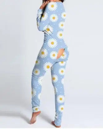Sexy Pyjama Women's Long Sleeves Homewear Suit Button-Down Front Back Butt Bum Open Ass Flap Jumpsuit Loungewear Christmas Print