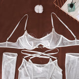 Ellolace Solid Women's Lingerie Sets Seductive See Through Bra Belt Thong 3PC with Gloves Stockings Sissy Sexy Women's Underwear