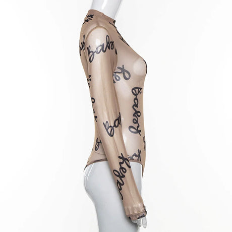 2025 Summer Sexy Letter Print Transparent Mesh Bodysuits Long Sleeve See Through Baby Bodycon Rompers Women Jumpsuits