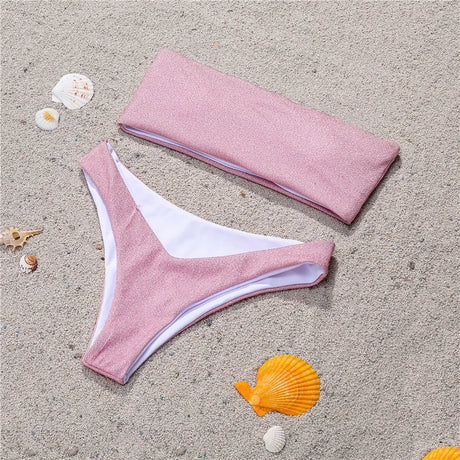 Shiny Bikini Bandeau Swimsuit Tinsel Swimwear Y2K Trend Women Strapless Micro Bathing Suit Brazilian Beach Outfit Bikinis Tangas